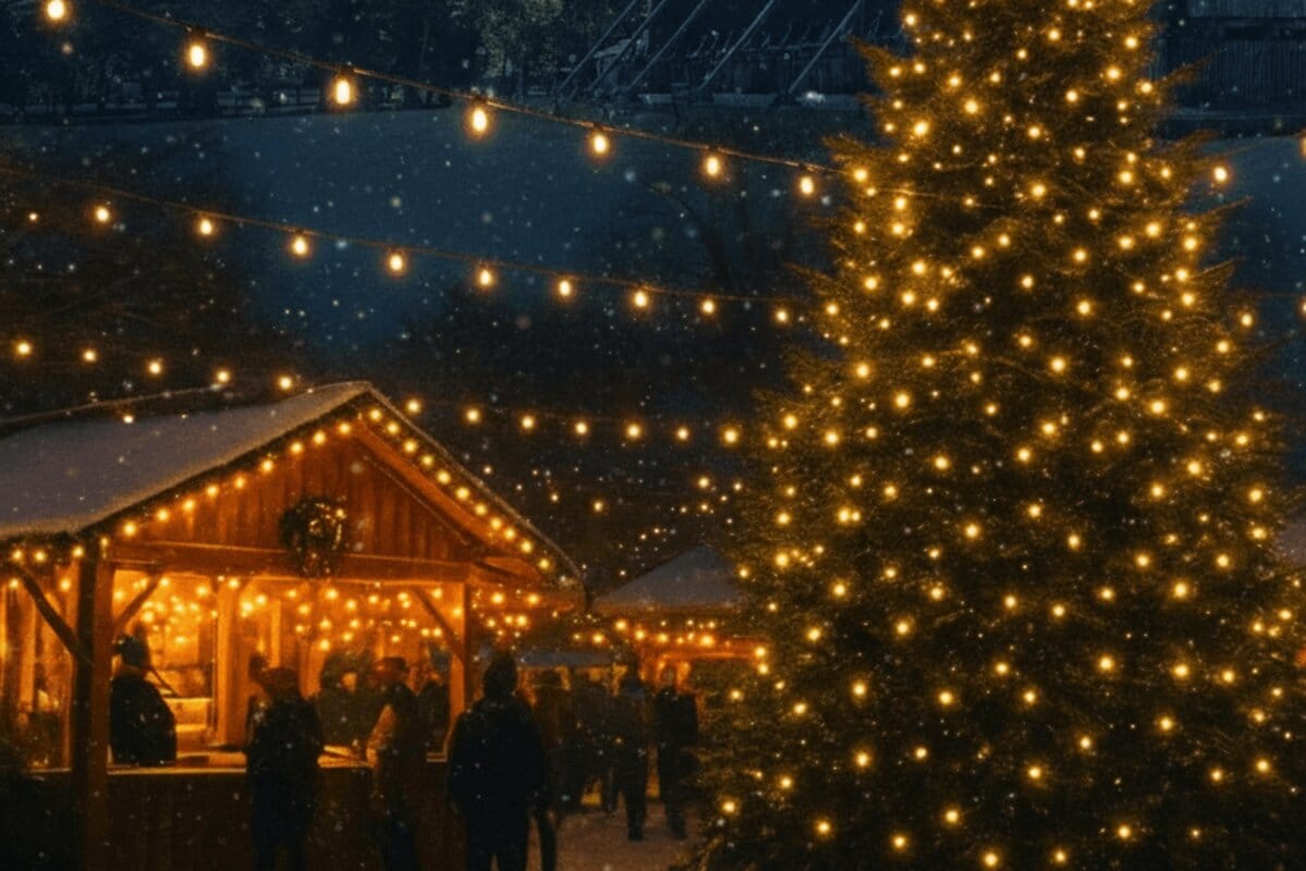 Beleuchteter Weihnachtsbaum und Marktstand beim Wintergarten Bad Westernkotten