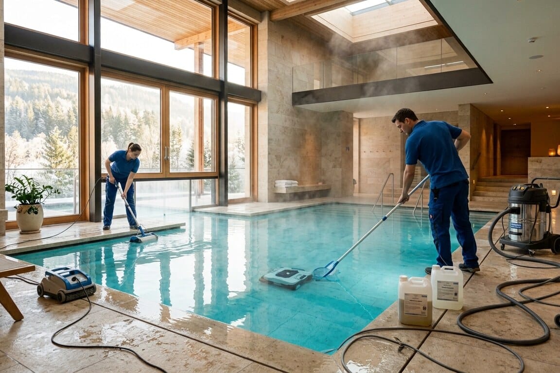 Symbolbild: Reinigung eines Innenpools mit Wasserstaubsauger und Poolroboter
