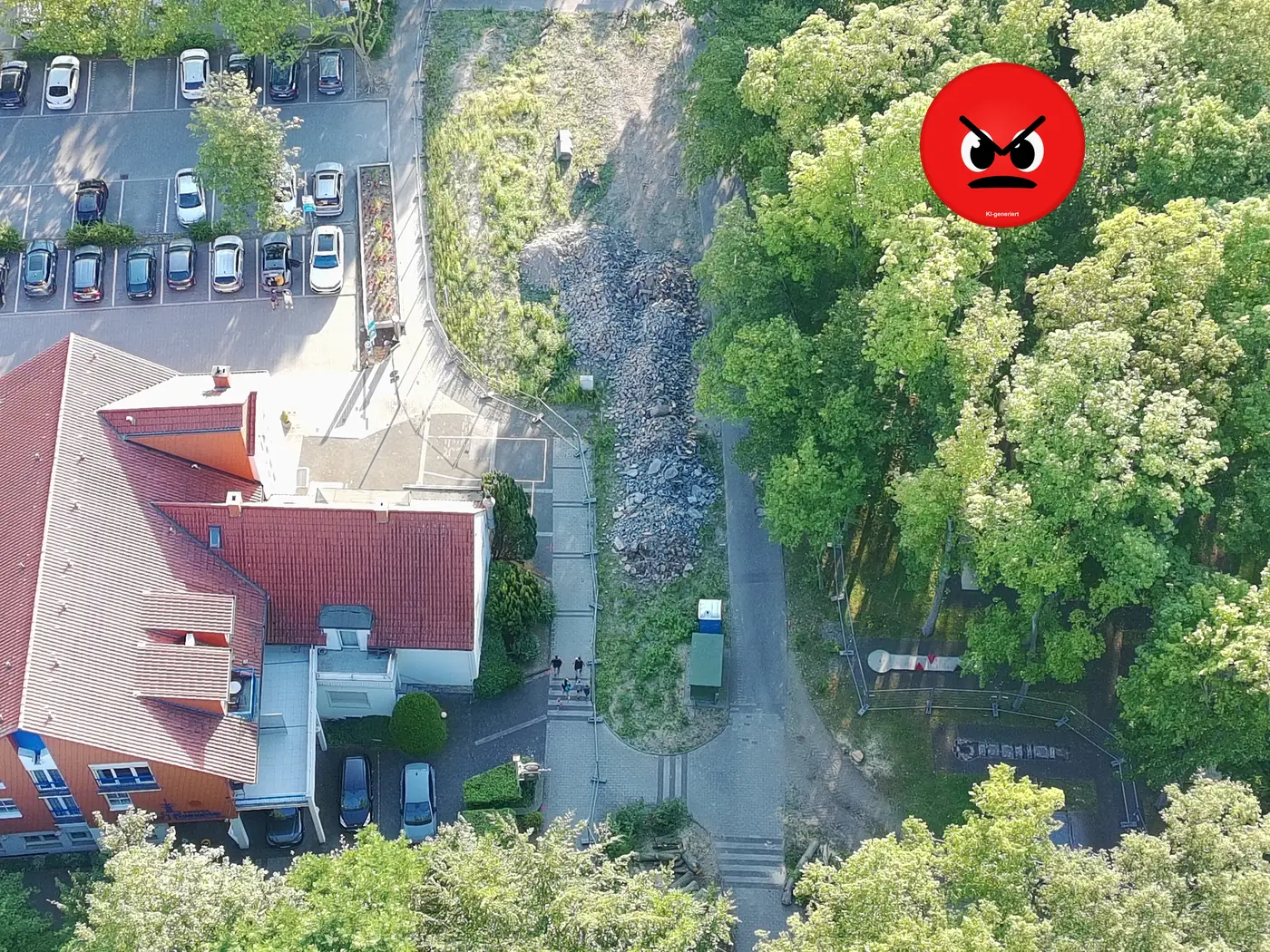 Luftaufnahme: Baustelle mit Schotterlager im Kurpark südlich des Flair Hotel zur Therme in Bad Westernkotten, Hotelparkplätze frei zugänglich